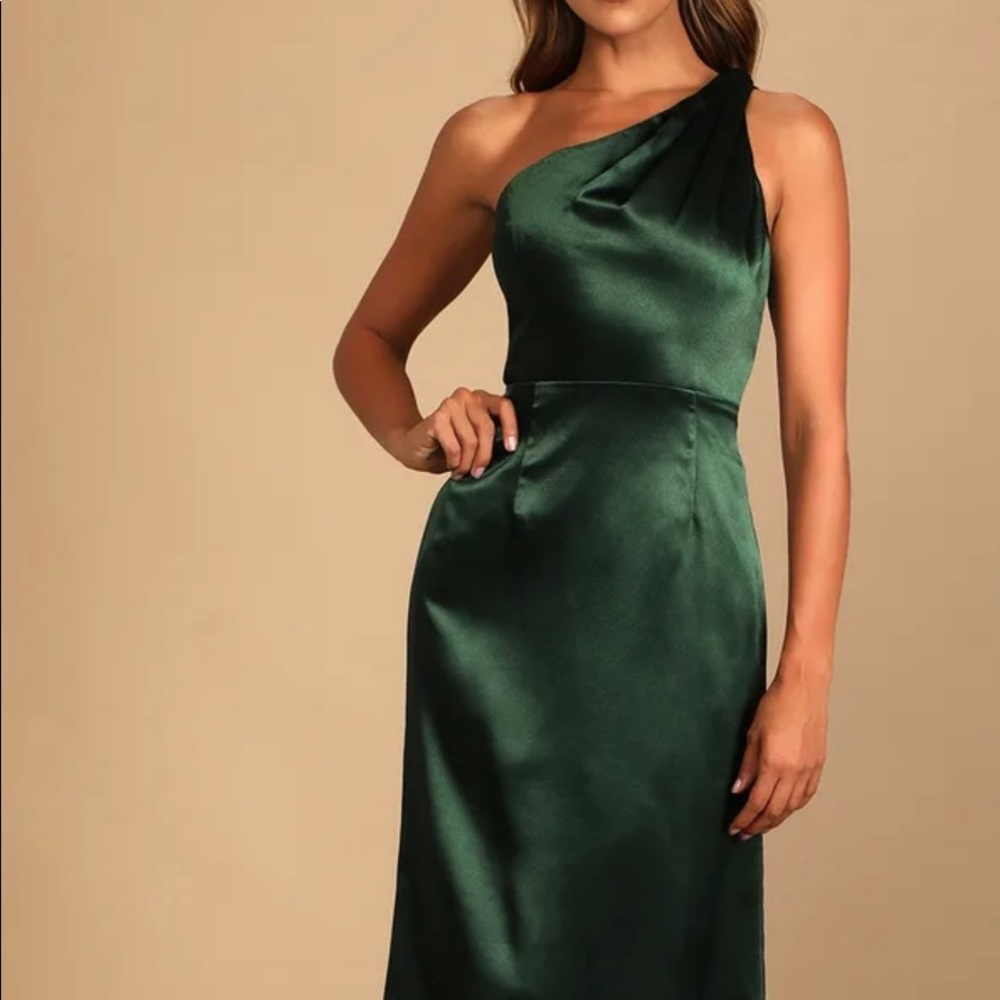 Lulus Green Satin One-Shoulder Maxi Dress. On the Guest List, black tie
